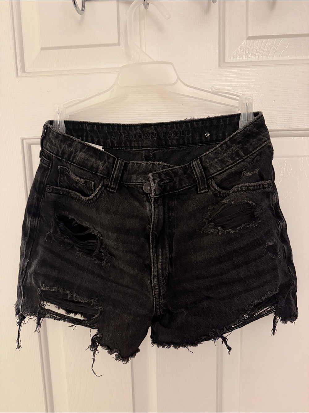 American Eagle Outfitters Black Distressed High-Rise Denim Shorts